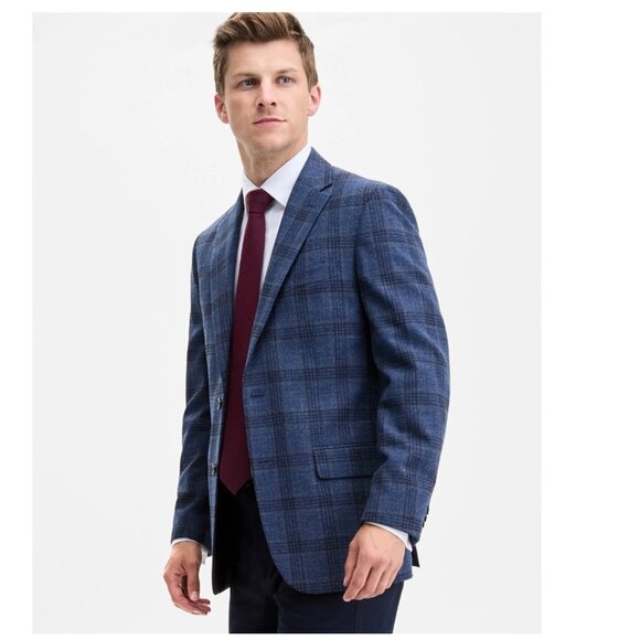 New Tommy Hilfiger Mens Modern-Fit Check Sport Coat - Navy/Brown Size 44R